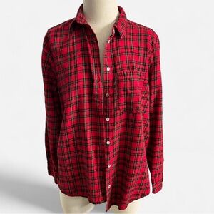 H&M Women’s Red Plaid Button-Up Shirt Autumnal Fall Winter Holiday Cotton Preppy